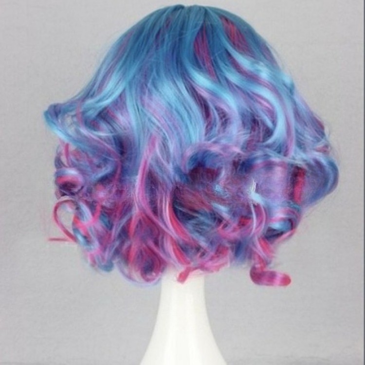 Women’s Wig Short Multicolor Blue Purple Curly Party Wig Ladies Hair Full Wig