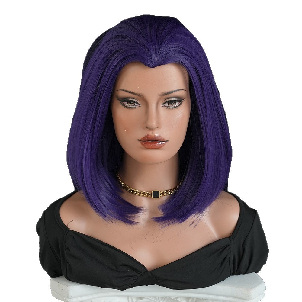 Wig girl with purple short straight hair wearing dark magic girl outfit with wig