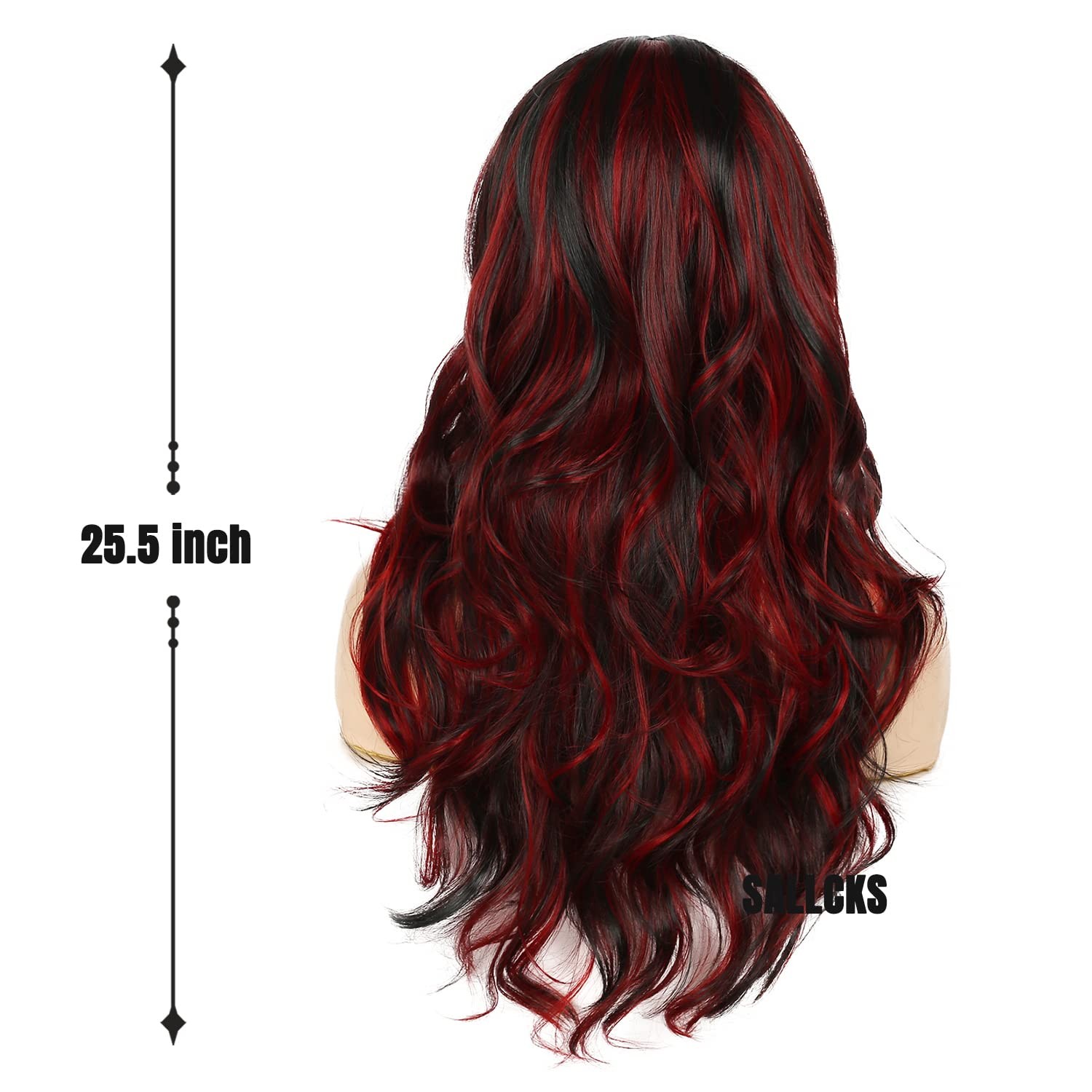 Sallcks Black Red Wig for Women Long Wavy Highlights Layered