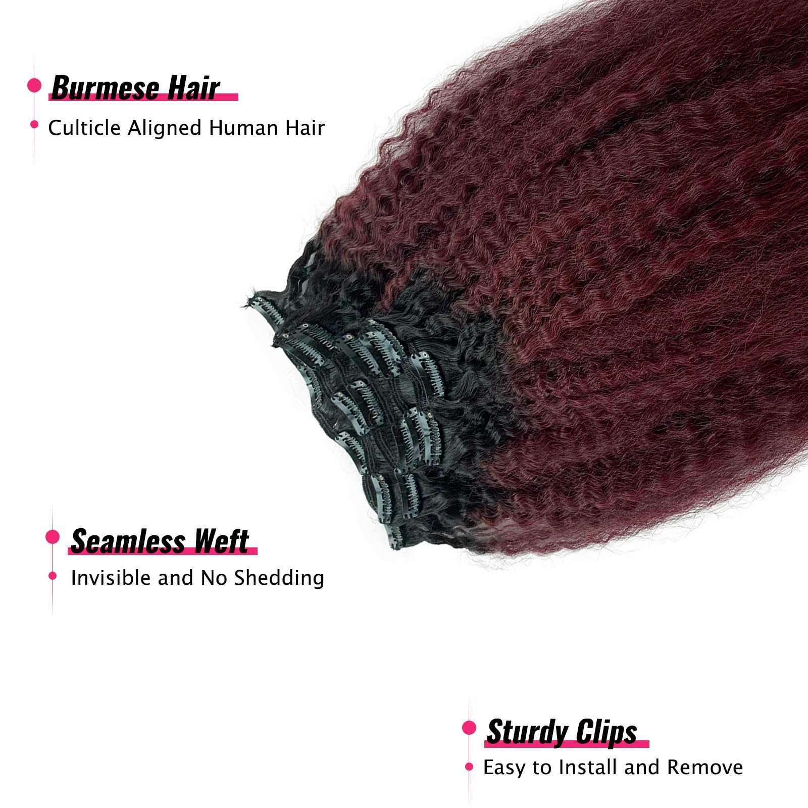 Kinky Straight Clip in Extensions Human Hair Ombre 99j Clip on Hair Extension…