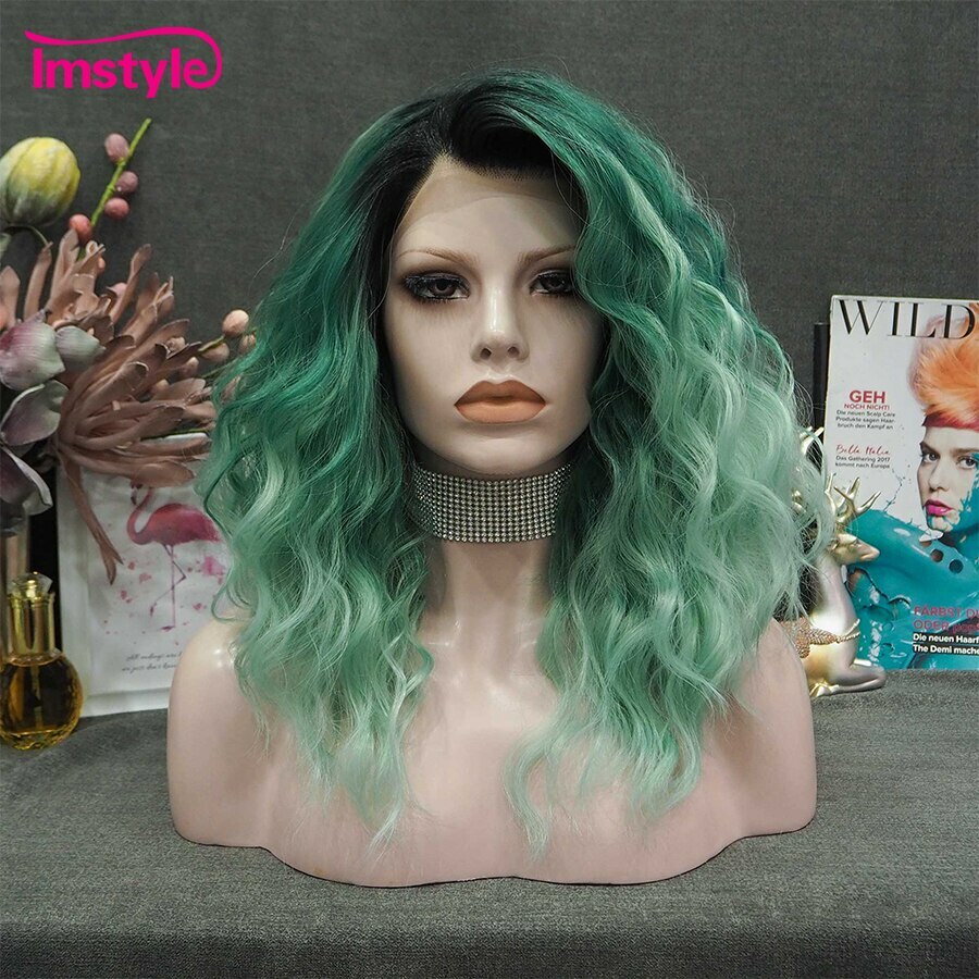 Ombre Green Synthetic Lace Front Wig Heat Resistant Fiber Deep Wave Lace Front