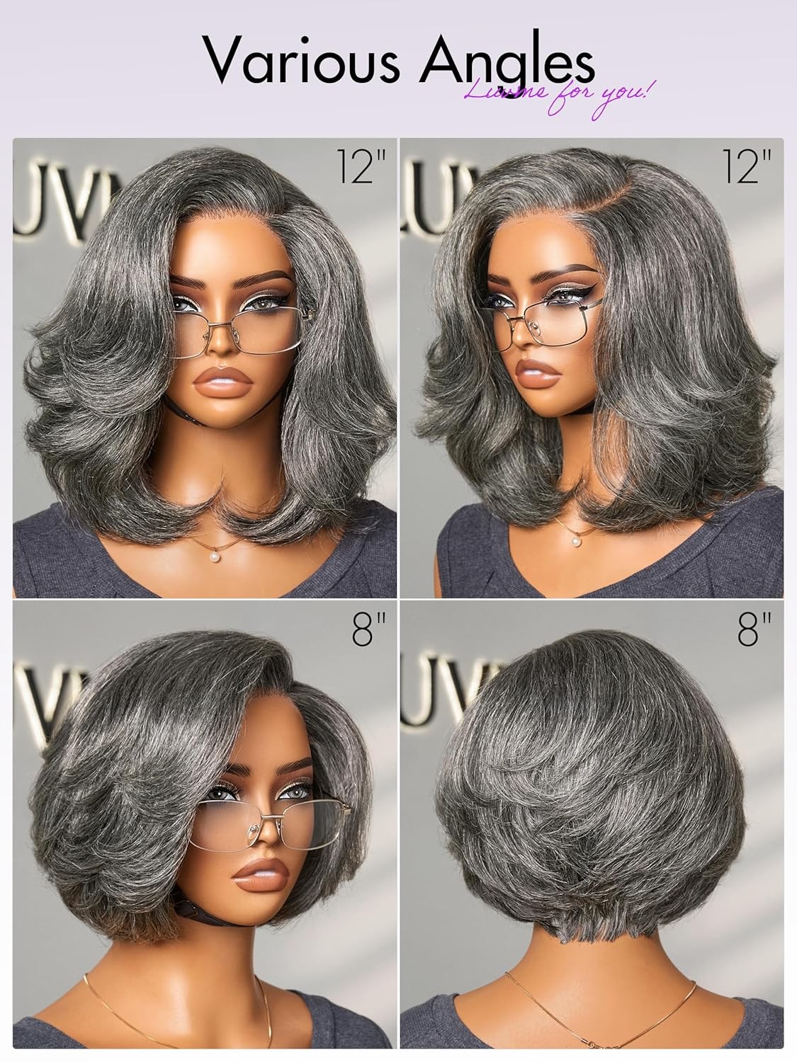 Salt and Pepper Layered Bob Wigs for Women Gray 100% Human Hair Lace Front Wigs