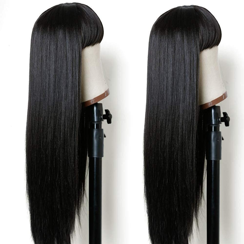 Full Machine-Made 24-Inch Natural Black Wig with Bangs – Versatile & Comfortable