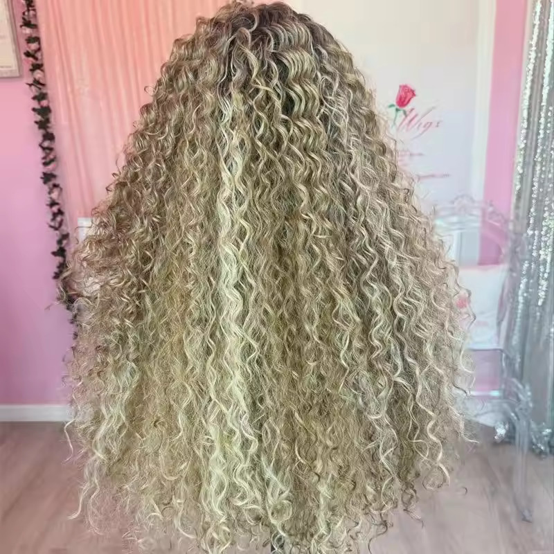 22 INCH Curly Wave Wig Ombre Ash Blonde Lace Front 100% Human Hair Wigs