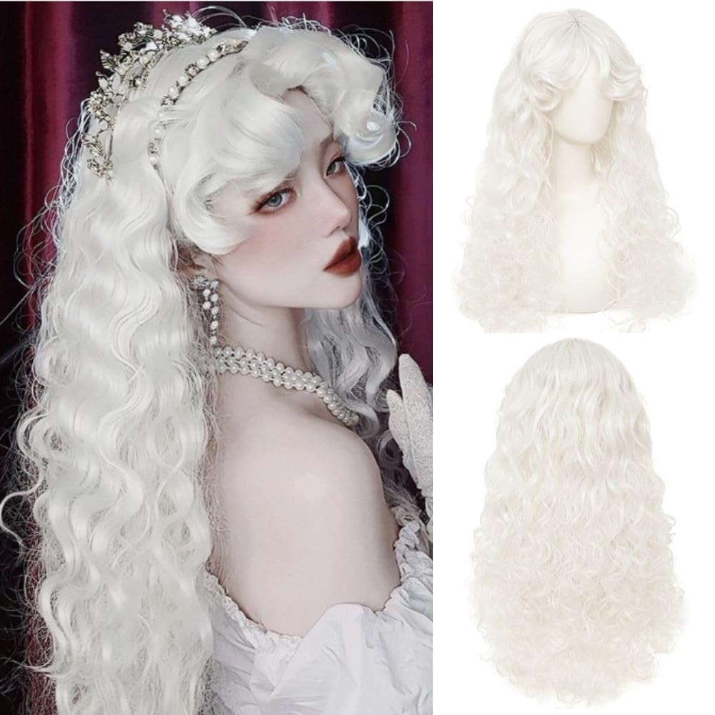 White Long Curly Wigs for Women Middle Part with Bangs Natural Synthetic Prin…