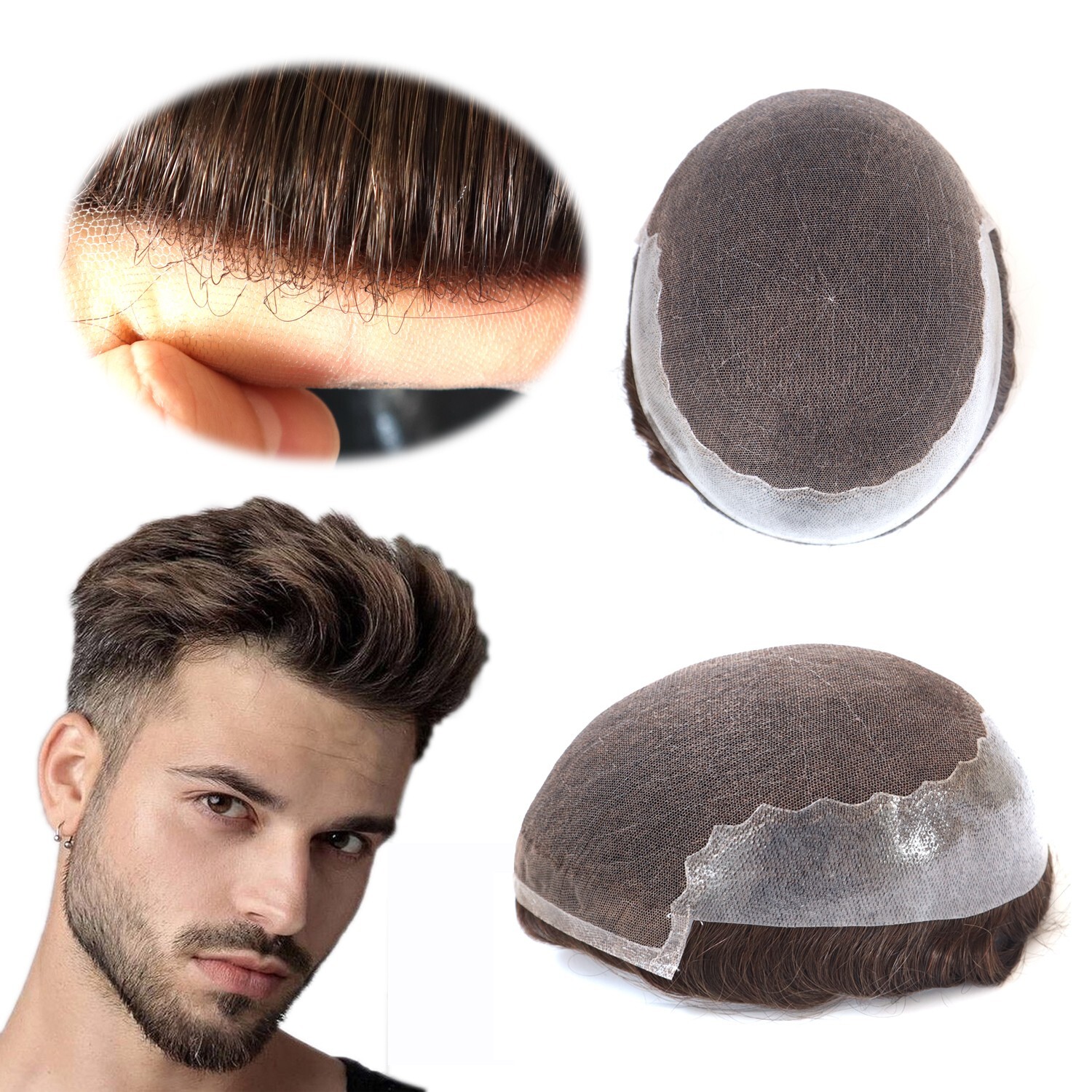 Mens Toupee Human Hair Replacement System French Lace Poly Skin Hairpiece Q6 #4