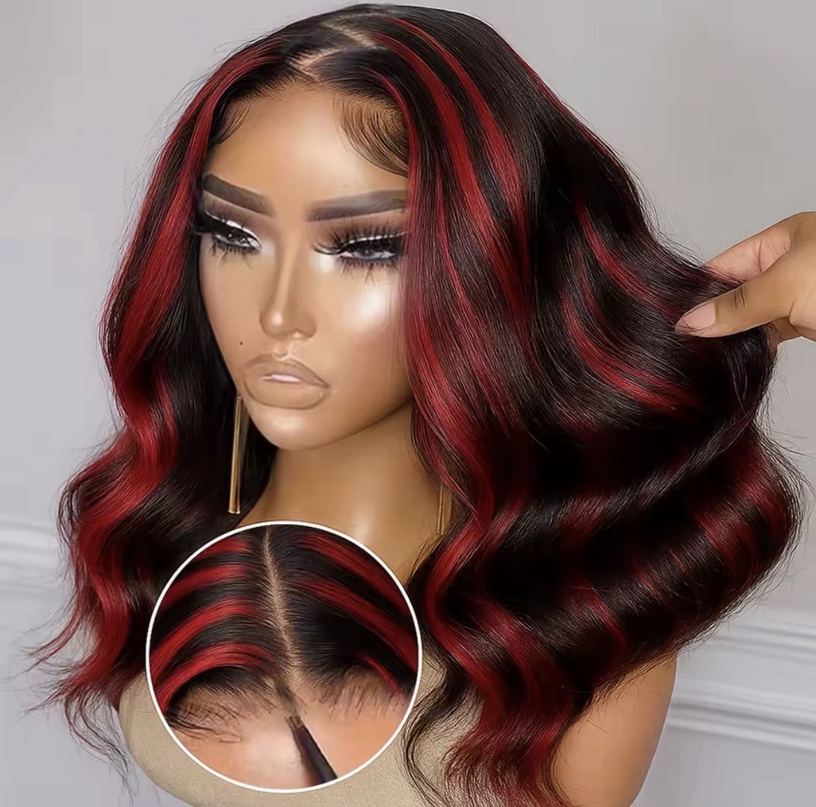 Women Human Hair Lace Front Wavy Bob Wig Middle Part Black/Red Highlights