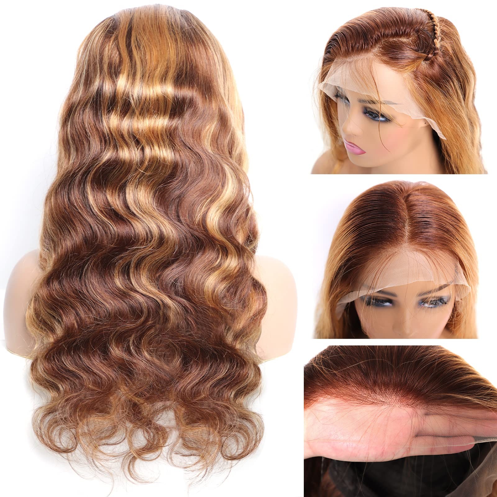 13×4 HD Body Wave Highlight Ombre Lace Front Wig Human Hair Pre Plucked 4/27 …