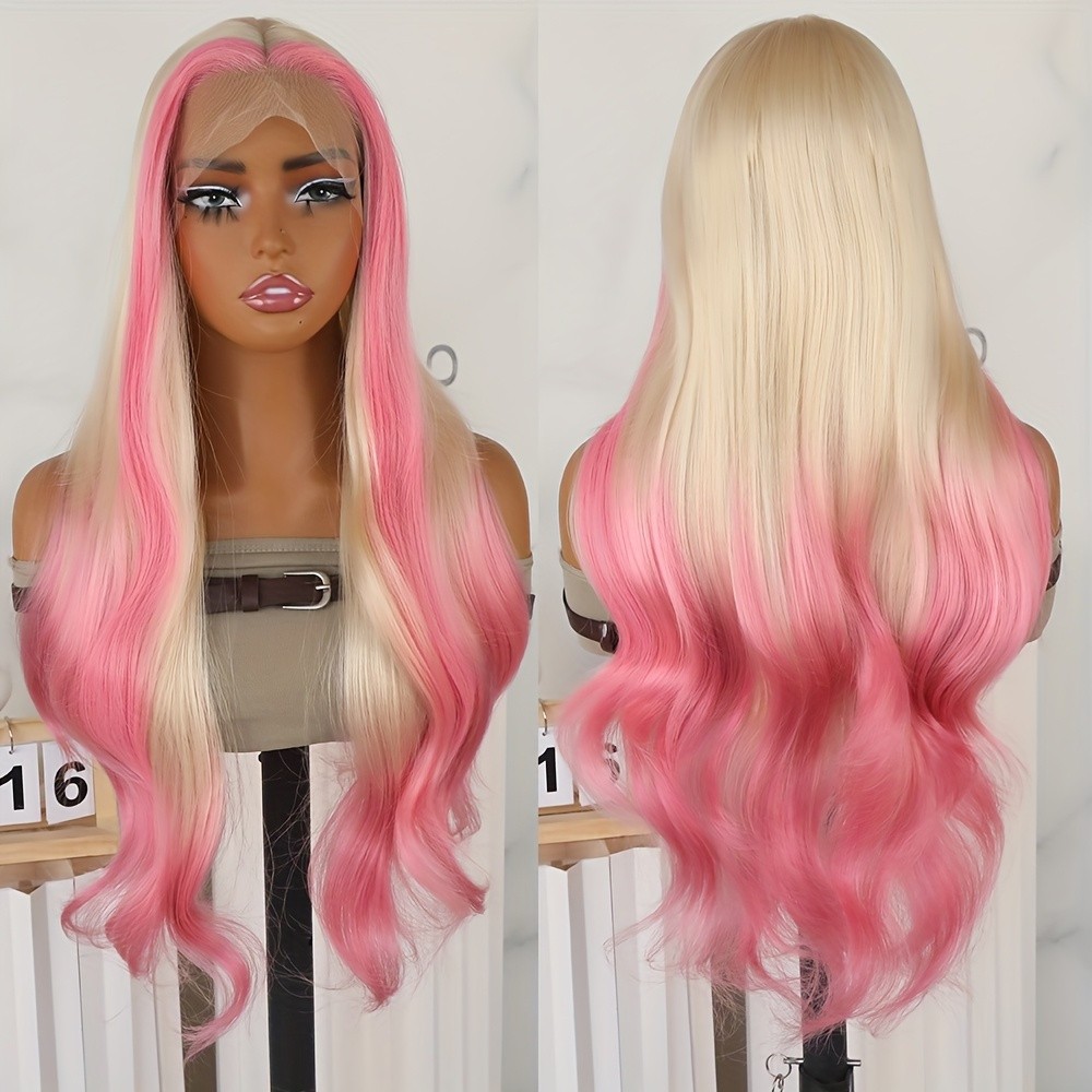 Pink Ombre Blonde Glueless Lace Front Wigs Body Wave Mixed Color Women Party Use