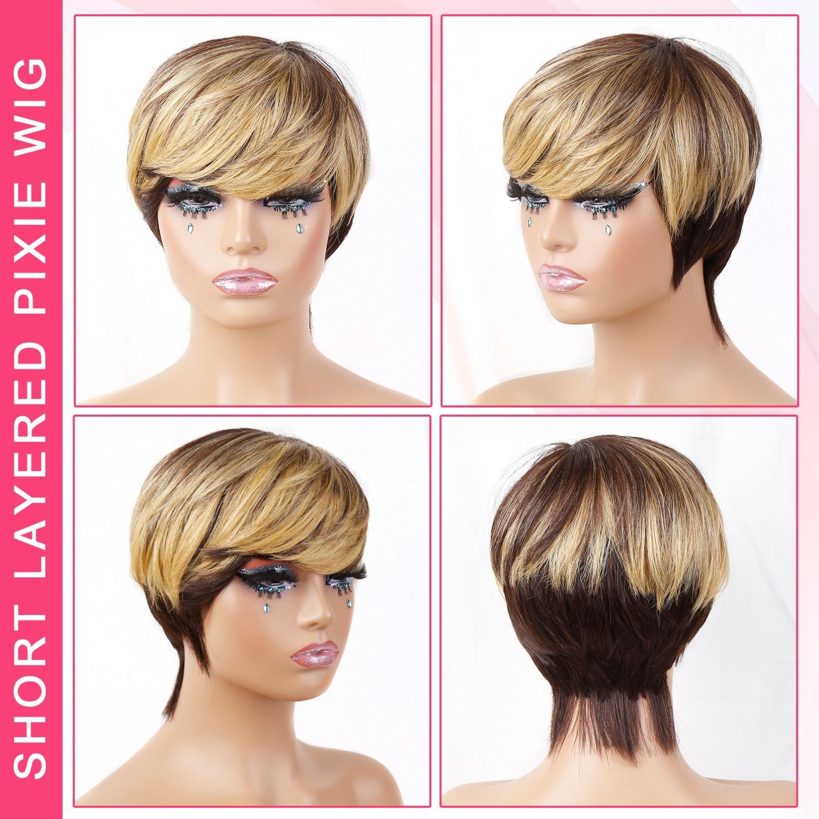 Ombre Pixie Cut Wig Human Hair Short Layered Wigs for Women, Bangs, Glueless, Ho