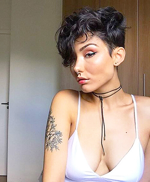 Burgundy Red Short Pixie Cut Curly Wig with Side Bangs for Women Synthetic Hair