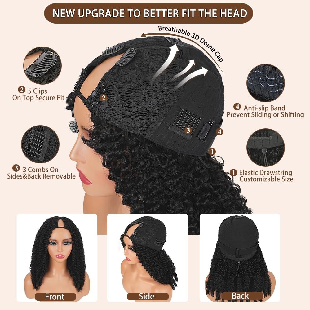 200% Density V Part Curly Human Hair Wig – Glueless Clip-In Half Wig for Black W