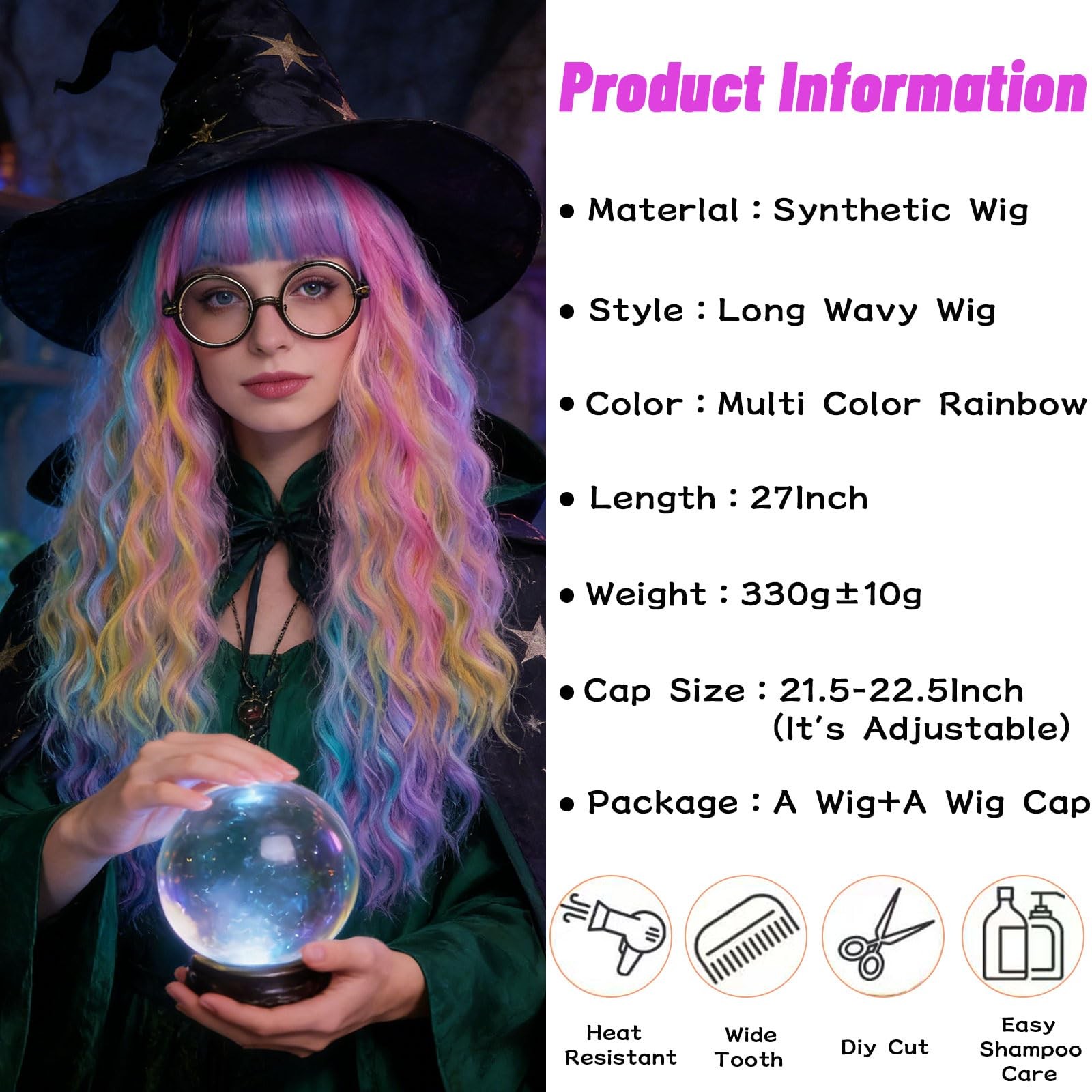 Women’s Multi Color Rainbow Wig 27”Long Curly Wavy Wig Flat Bangs Wig For Wo…