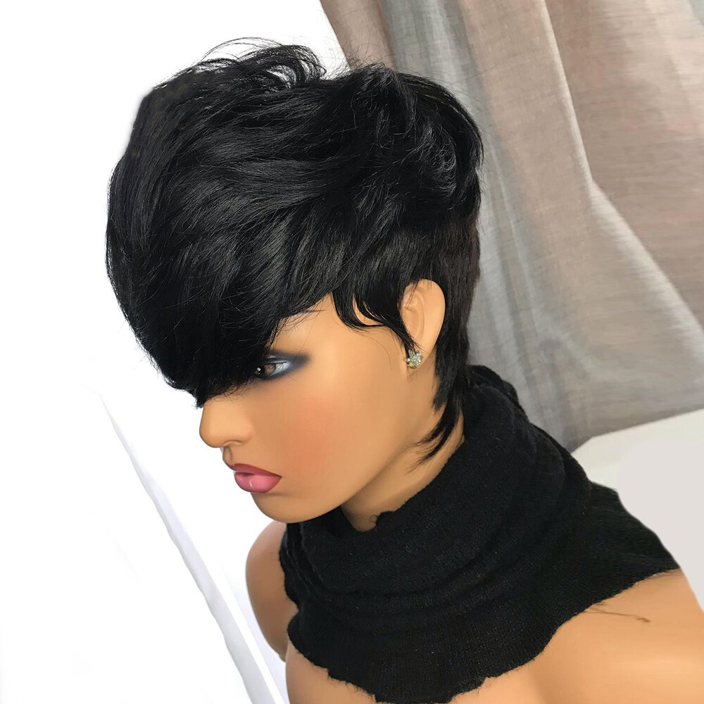 Short Pixie Cut Wig Black Layered Wavy Hair with Bangs Real Pixie Human Hair Wig