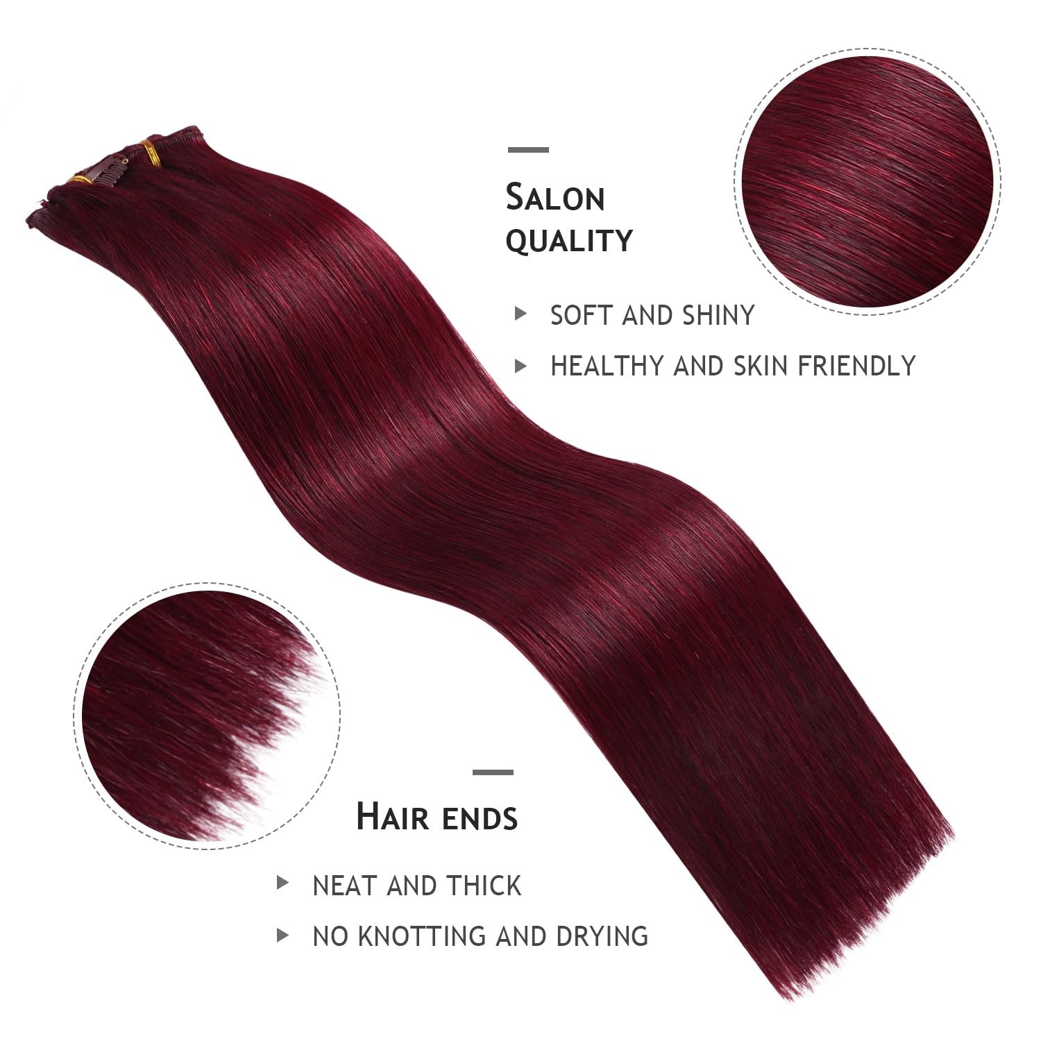 Burgundy Clip-In Human Hair Extensions 18″ 120g Silky Remy Double Weft Thick
