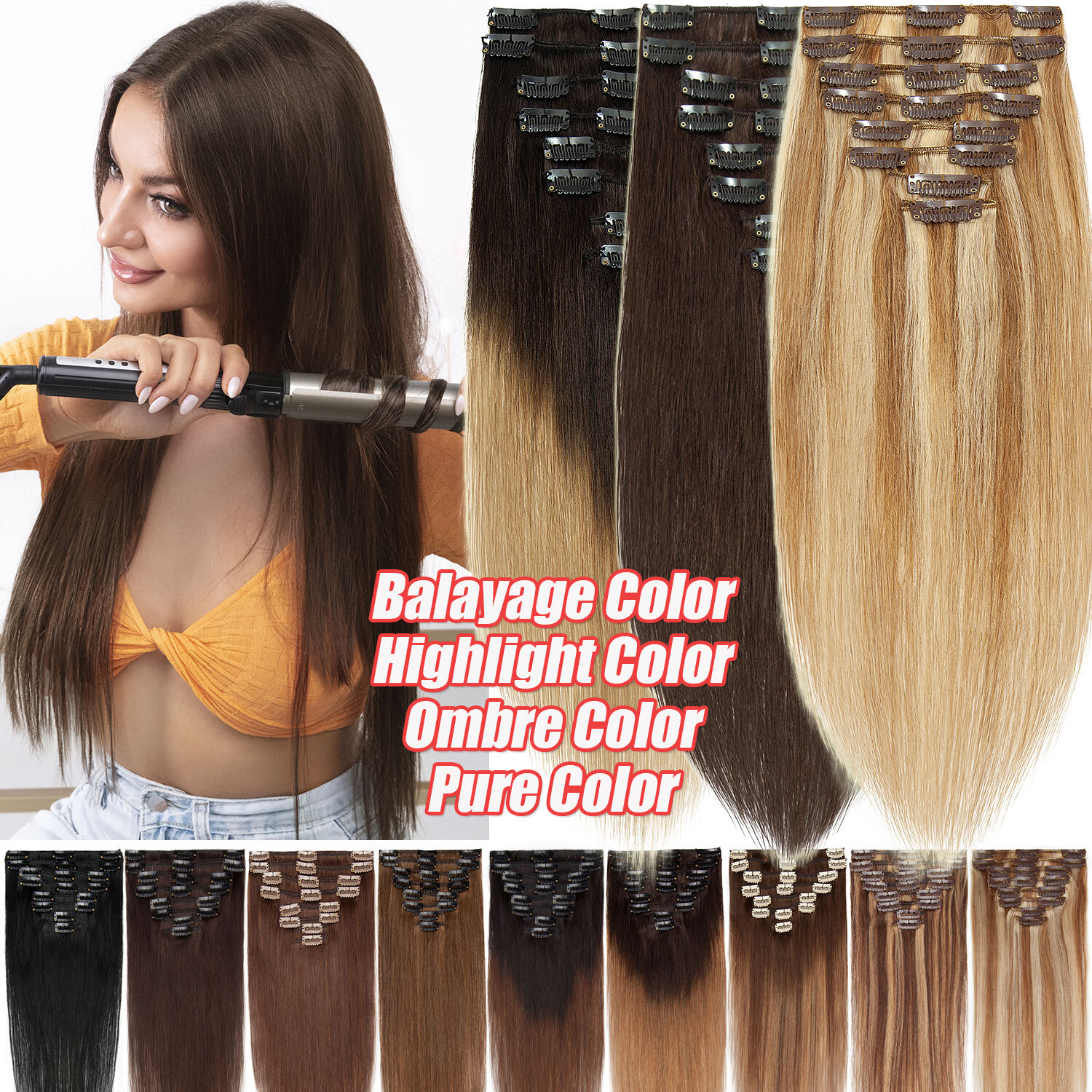 Balayage Clip In Human Hair Extensions 100%Real Remy Hair Full Head US CLEARANCE