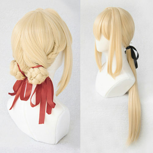 For Cosplay Violet Evergarden Long Ponytail Braid Bun Bangs Blonde Full Wig