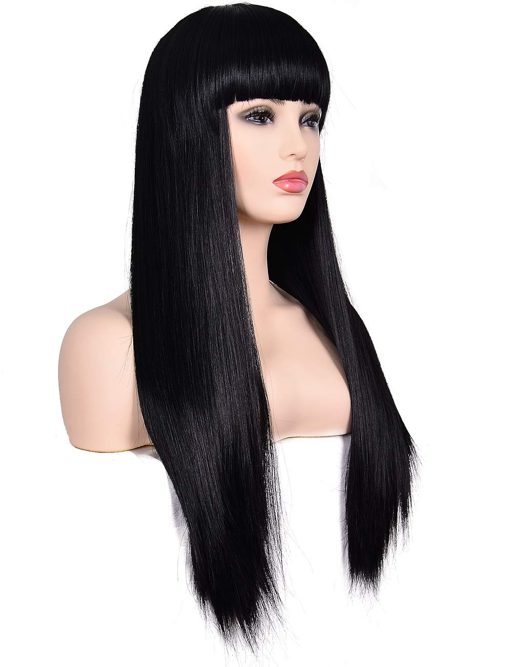 Women’s 26″ Long Straight Black Synthetic Resistant Hair Wigs with Bangs Natu…