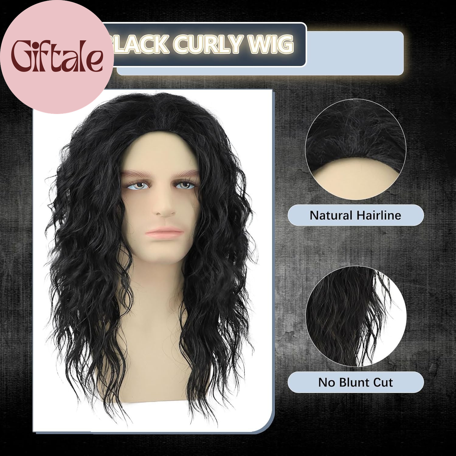 Mens Black Curly Wig 70S 80S Long Wavy Synthetic Hair Wigs for Rocker Costume Pa