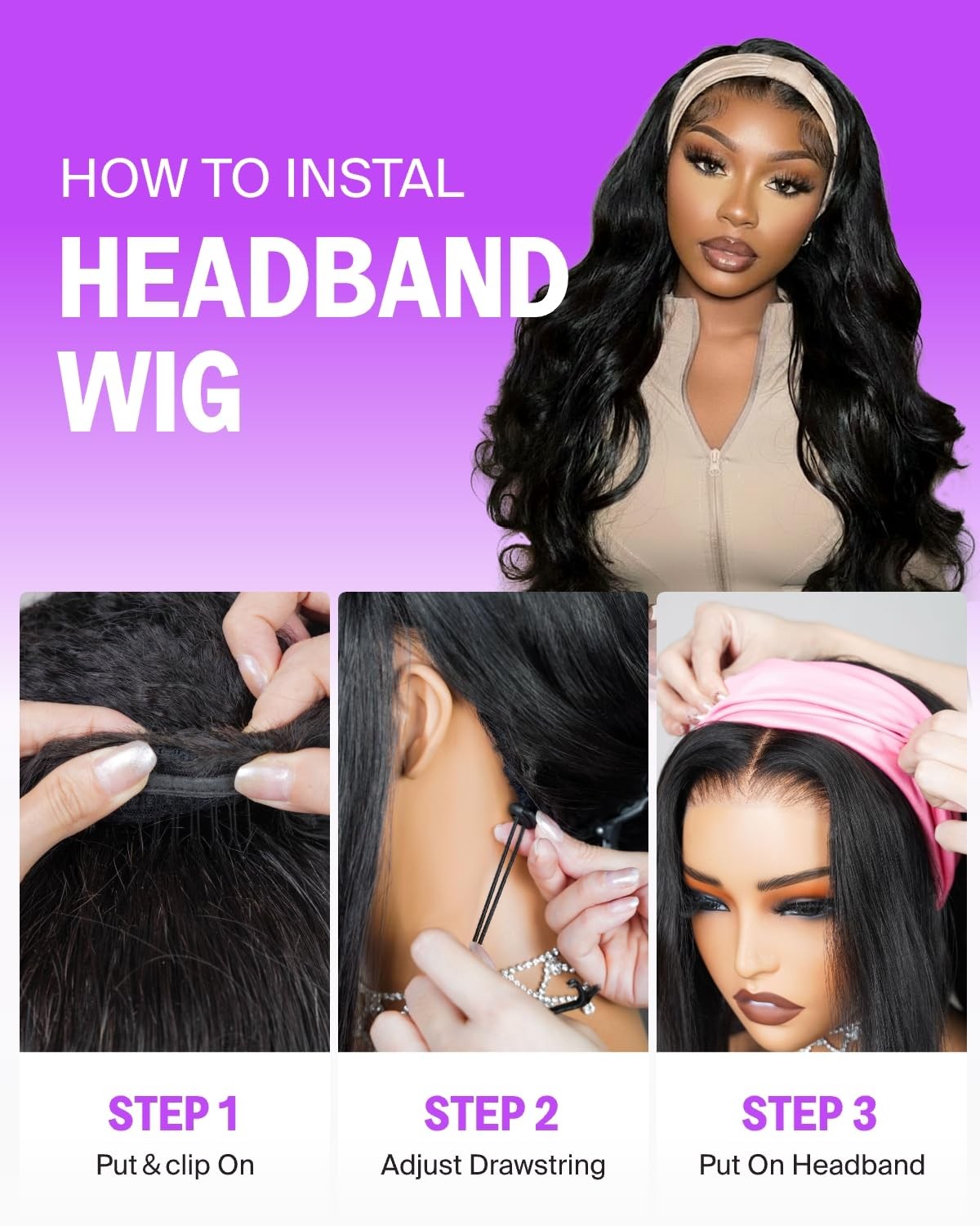 Megalook Hair 3 In 1 Body Wave Half Wig Human Hair Headband Wig Glueless Wigs