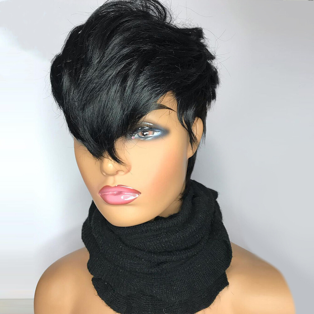 Short Pixie Cut Wig Black Layered Wavy Hair with Bangs Real Pixie Human Hair Wig