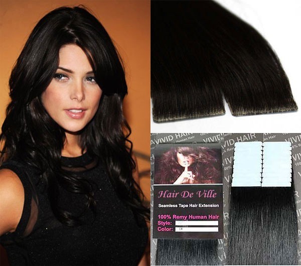 Tape In PU Machine Injected Invisible Seamless Remy Human Hair Extensions Black