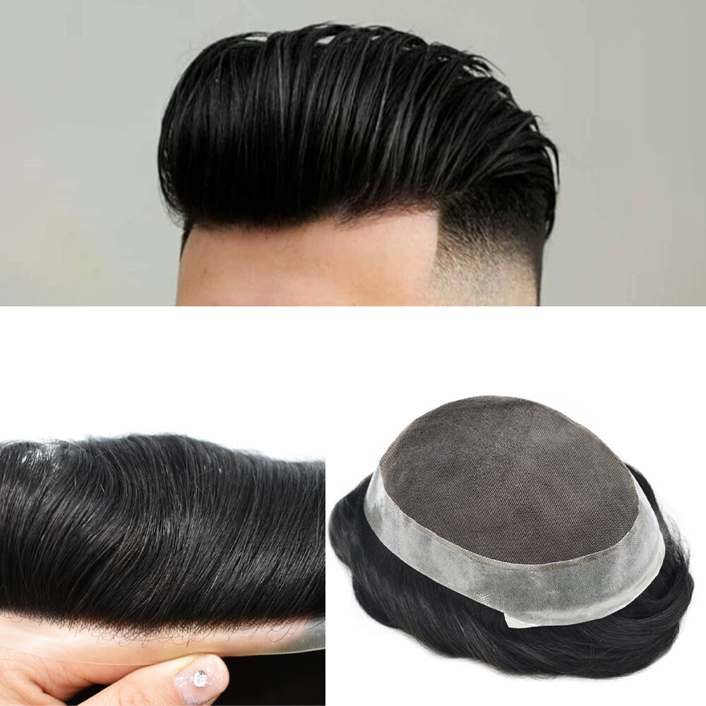 USMens Toupee French Lace Hairpiece Poly Pu Skin Around Hair System Replacement