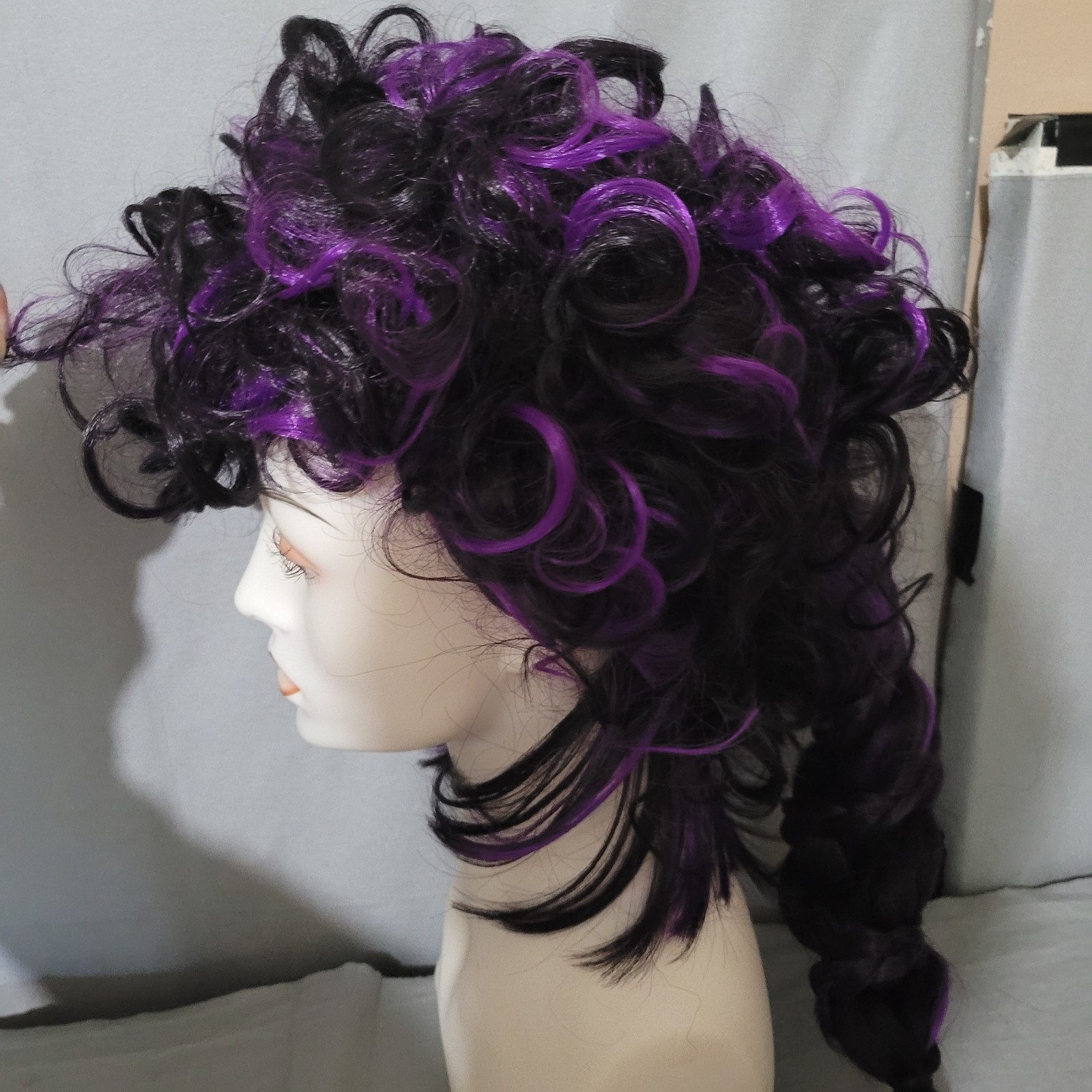 Hocus Pocus Witch Wig Black Purple Braid Highlight Long Curly Cosplay Wavy