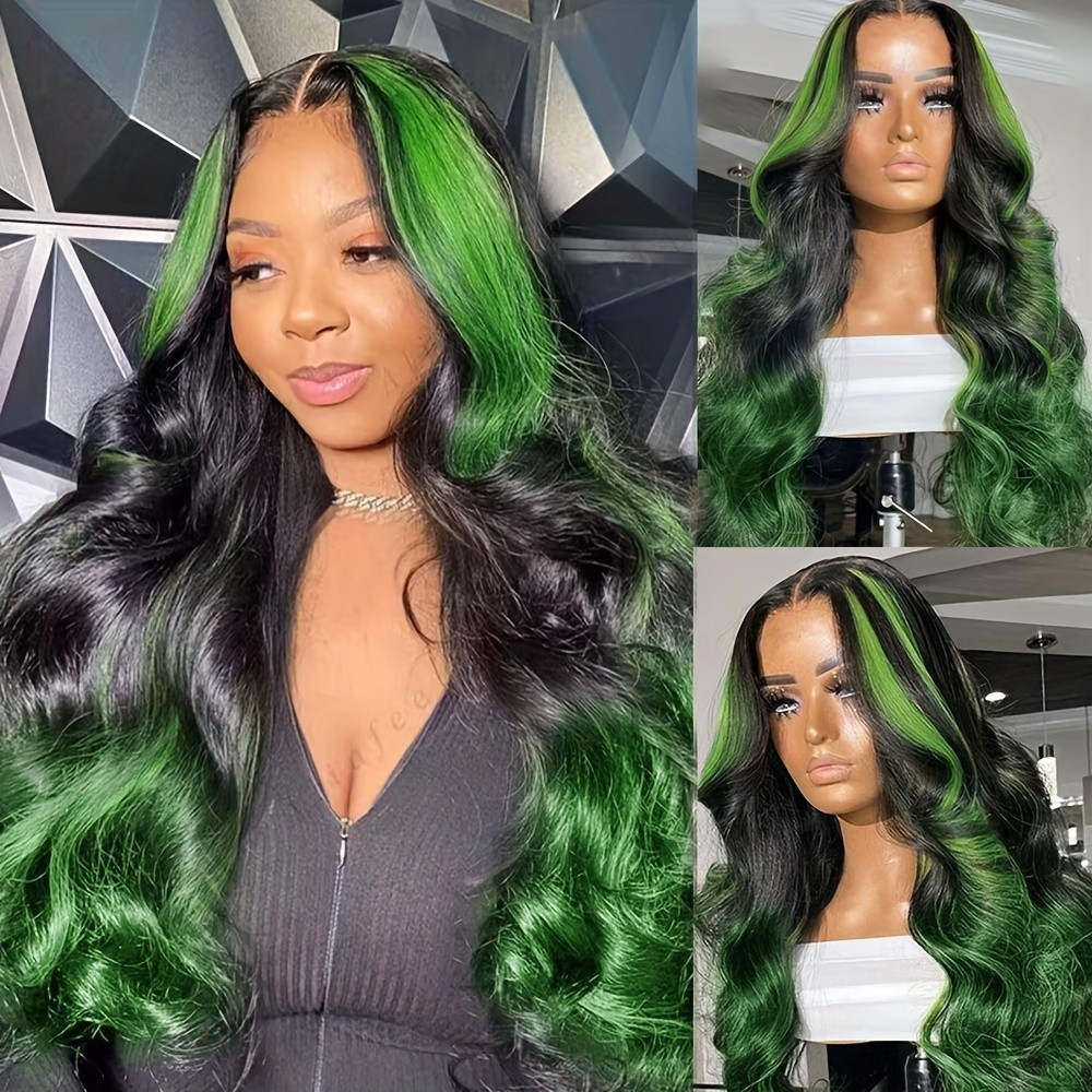 Green Highlights Ombre Black Lace Front Wigs 13×4 Free Part Glueless Body Wave
