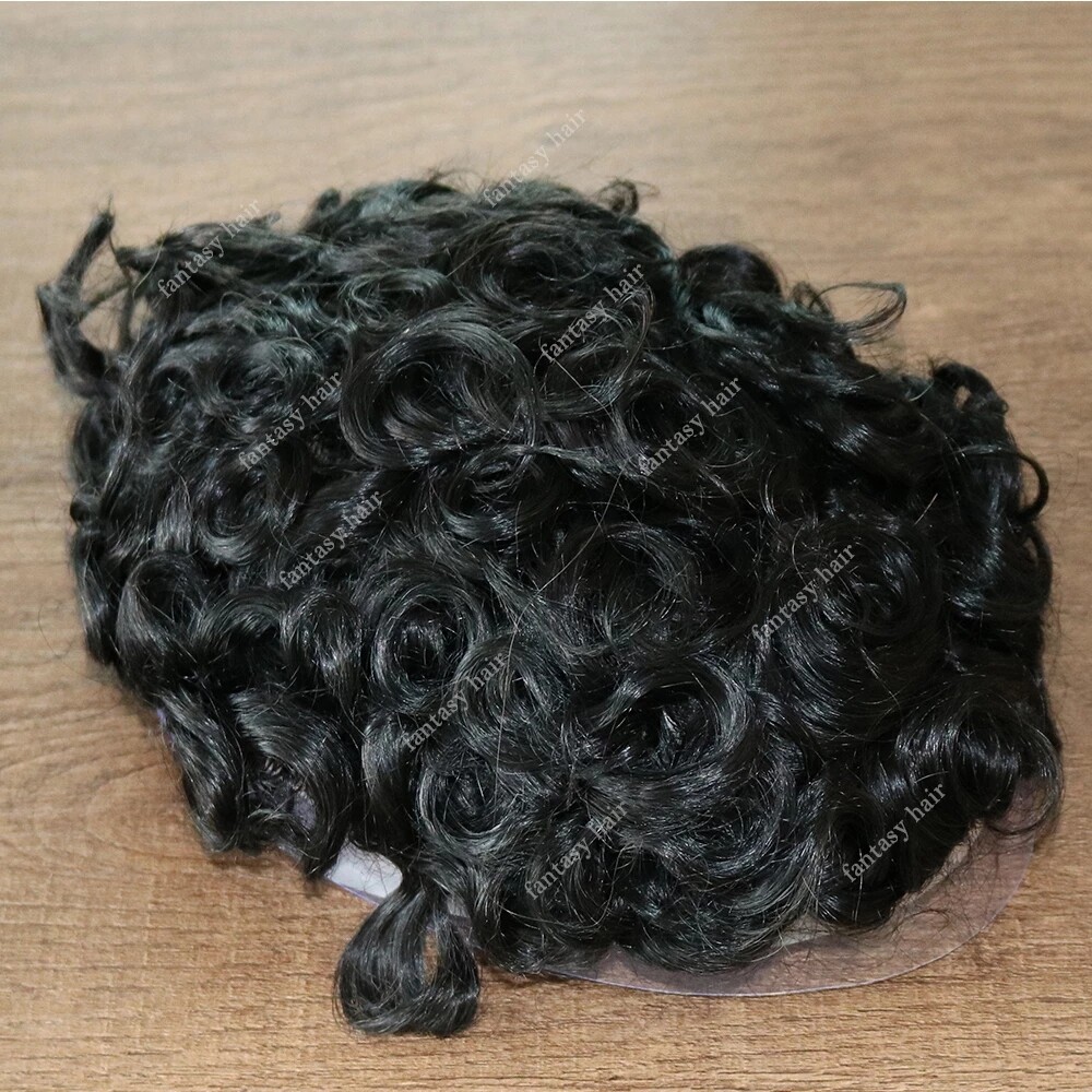 Super Durable Full Thin Skin PU Injection Men Toupee 100% Human Hair Curly Wigs