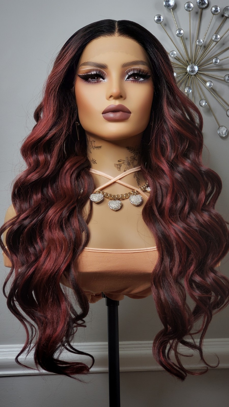 New Long Wavy Red Burgundy Wine Lace Front Wig Curly Style Womens Fashion Hair