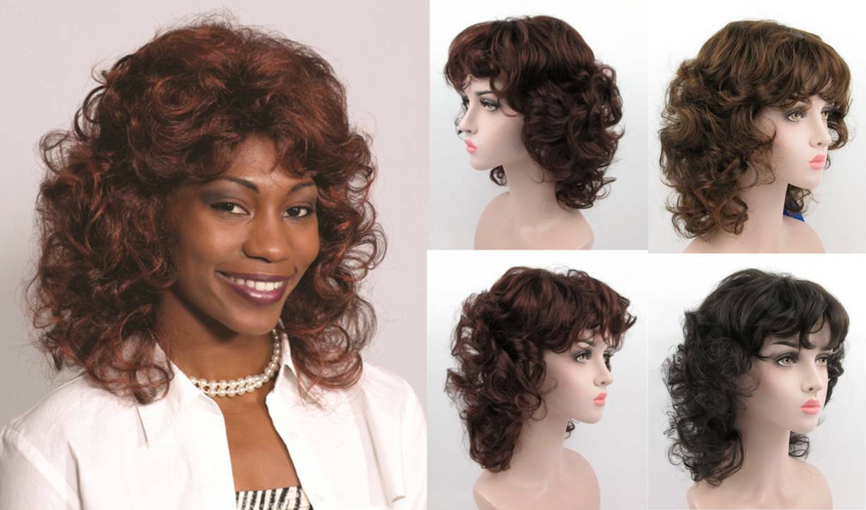 80S WOMENS MEDIUM MID-LENGTH BIG LOOSE CURLS CURLY WIG W/ LAYERS & BANGS SHAKIRA