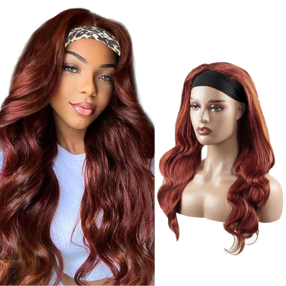 Yiweyowe 28 Inch 33 Reddish Brown Headband Wig Human Hair 150 Density Grade 8A