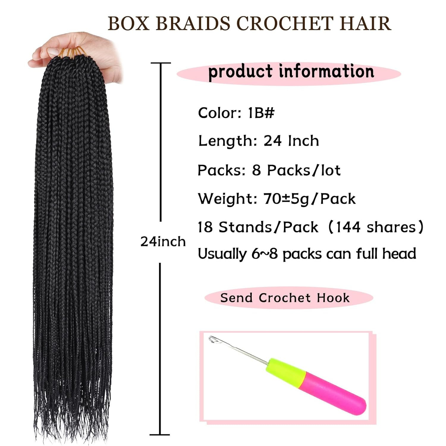 8 Packs 24 Inch Box Braids Crochet Hair Pre-Looped Knotless Medium 3X