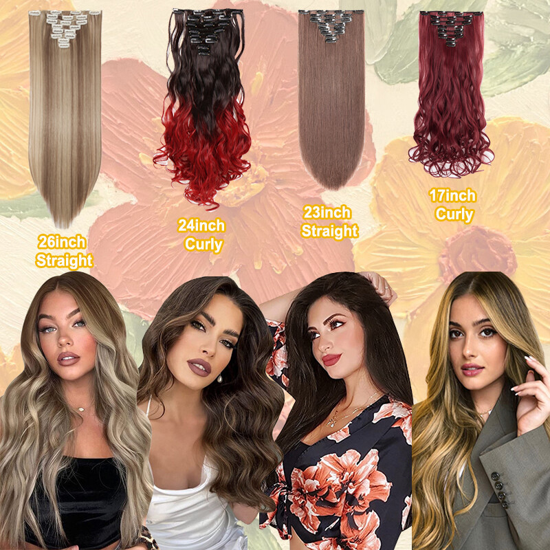 8Pcs 18 Clips Full Head Clip-In Hair Extensions Hairpiece 17-26” Curly Straight