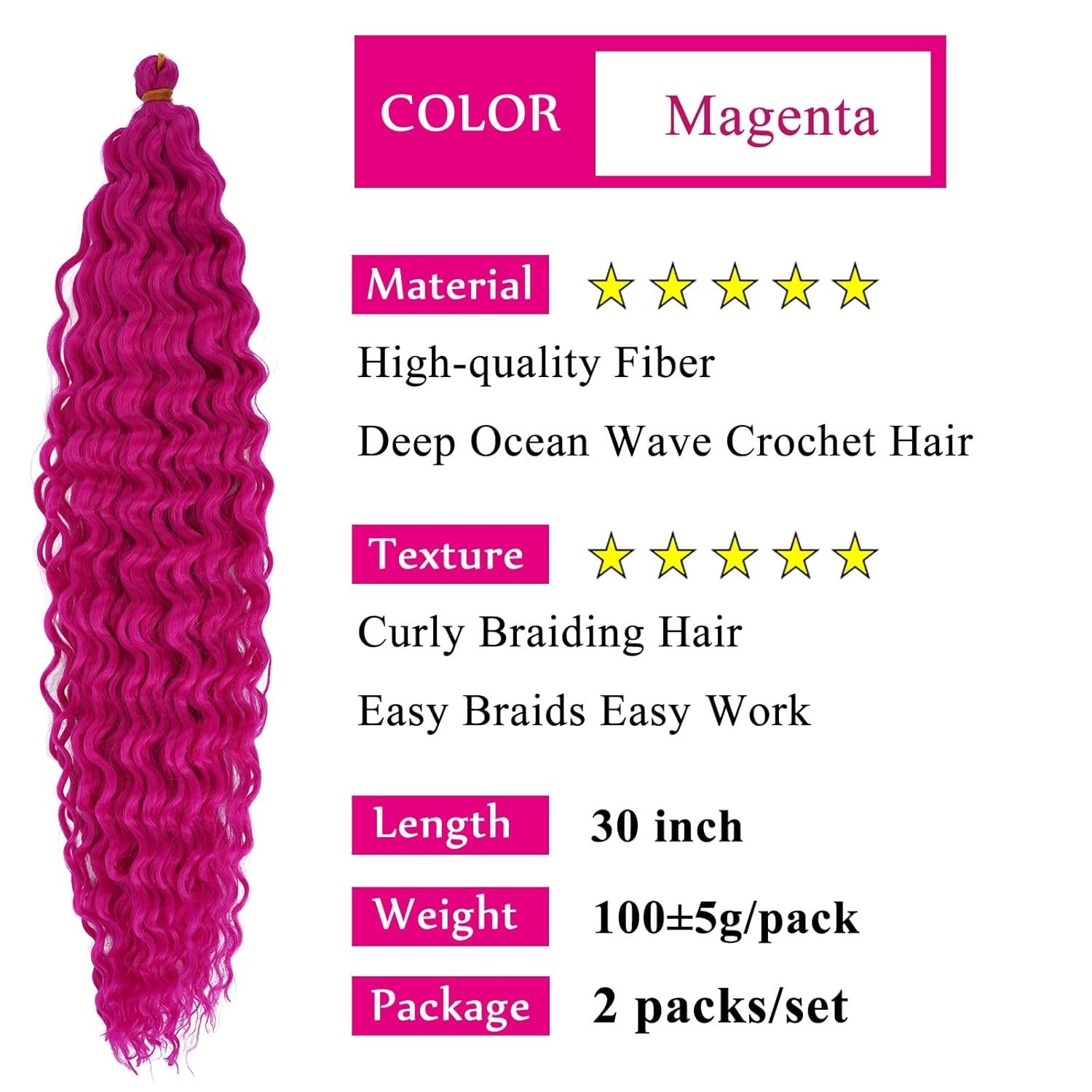 Pink 30 Inch Boho Curly Braiding Hair 2pk Deep Ocean Wave Crochet Hair for Braid
