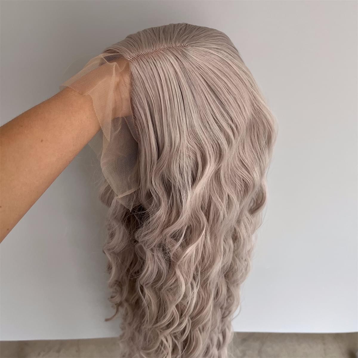 Natural Silver grey Long Wavy Glue Less T Lace Front Wig Synthetic Hair
