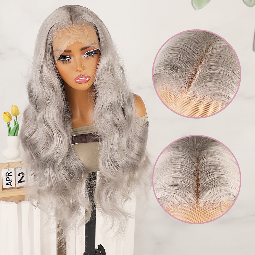 Long Wavy Gray Heat Resistant Lace Front Wig Glueless Body Wave Natural Hairline