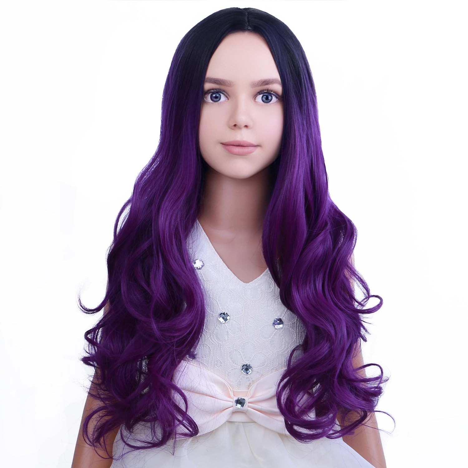 Dark Purple for Girls Long Curly Wavy Ombre Purple Wigs Middle Part Black to …