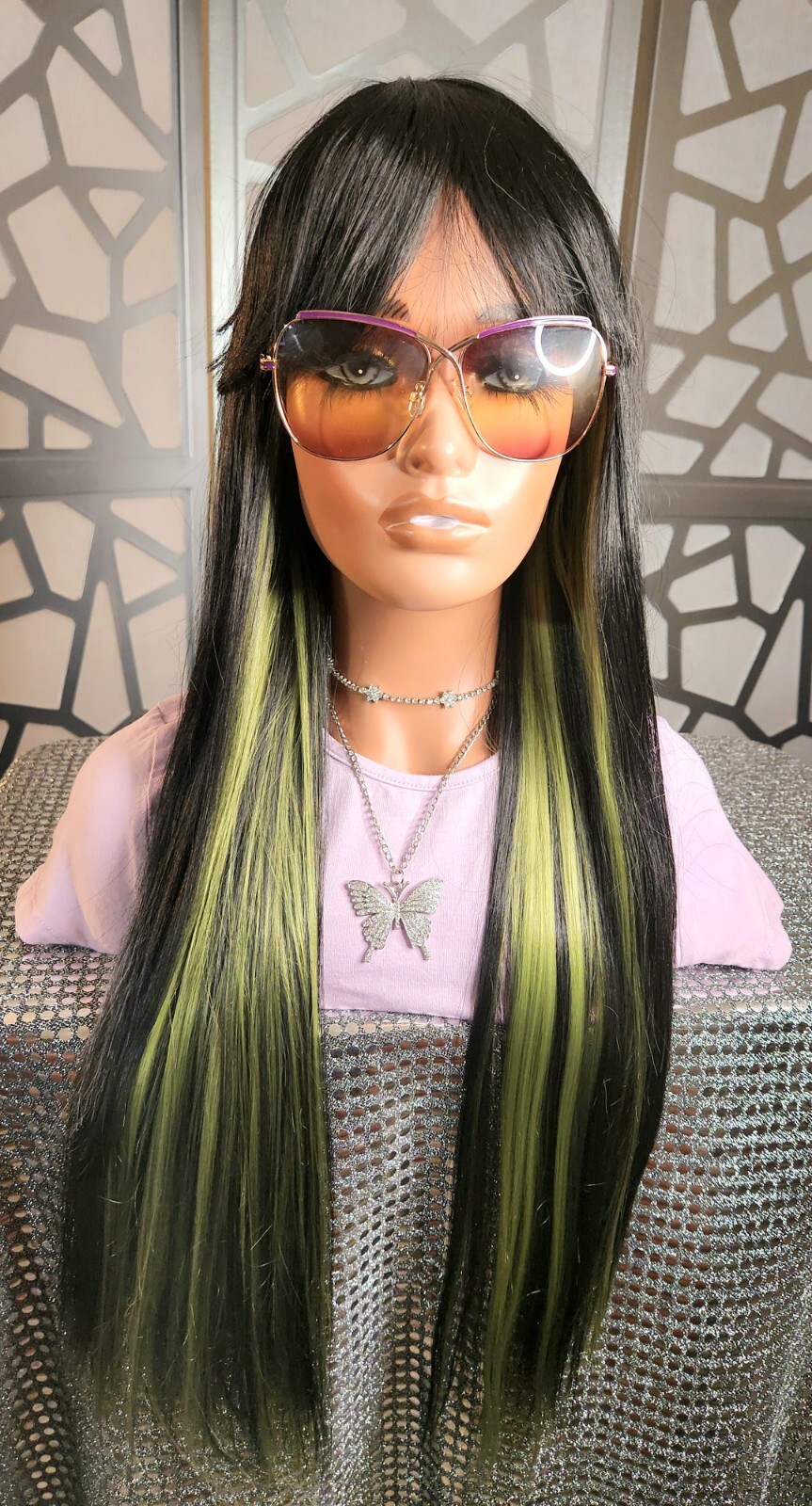 28″ Straight Long Wig With Bangs Black Green Wig Ombre Green Wig With Bangs