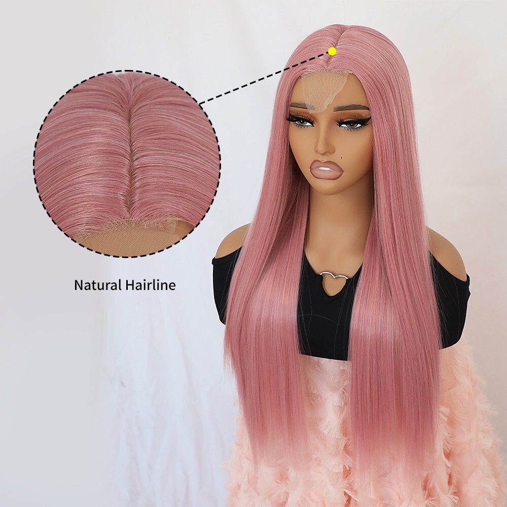 Synthetic Lace Frontal Wigs Long Straight Pink Hair Heat Resistant Women Party