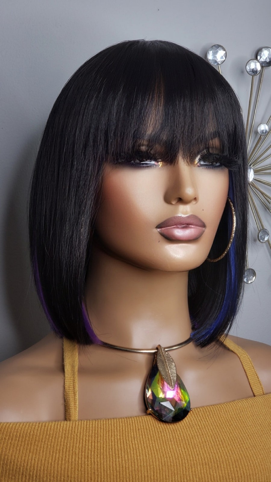 New Short Human Hair Blend Straight Bob Wrap Full Cap Wig Black Blue Purple Wig