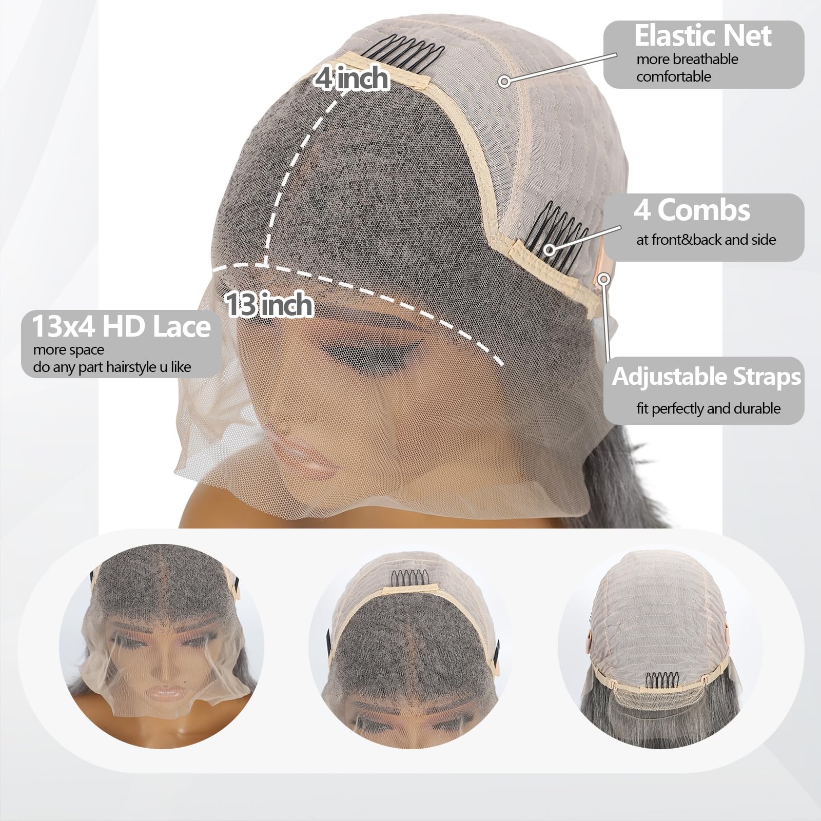 Hoscod 13X4 Hd Lace Front Wig Human Hair 14 Inch Grey Mixed White Lace Frontal