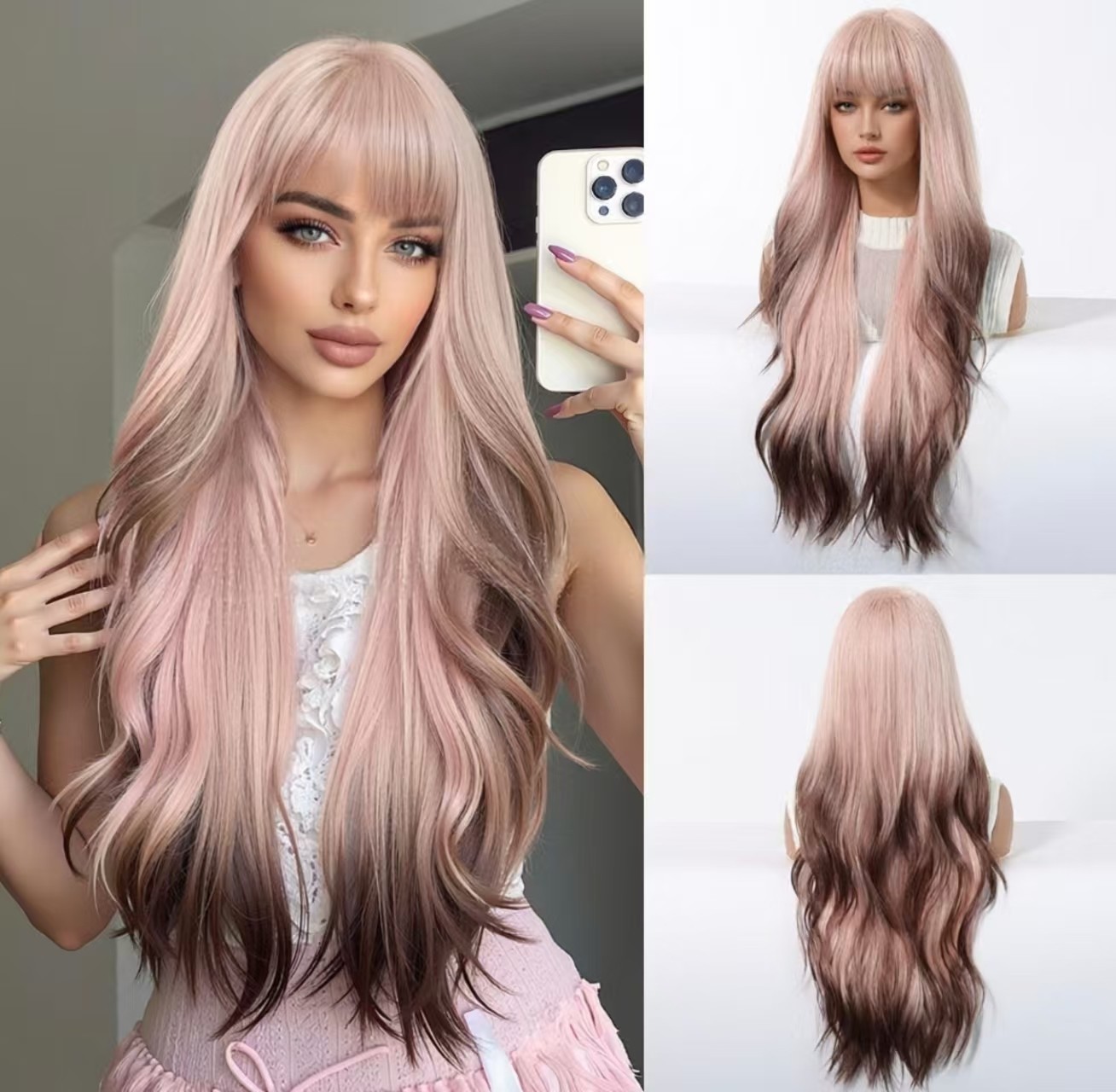 Long Wavy Light Pink Wigs with Bangs for Women Cosplay Party Synthetic Hair Wig