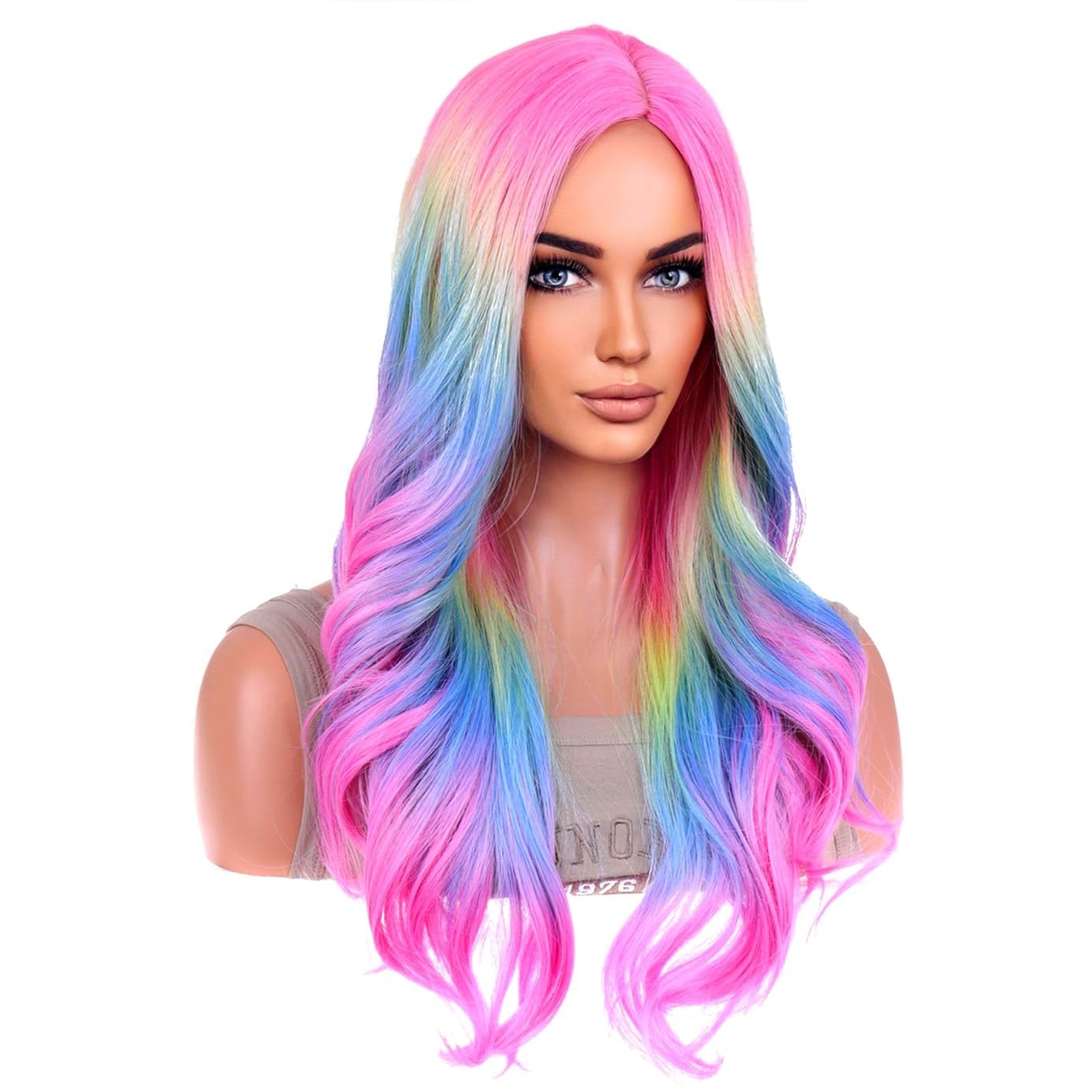 BERON Rainbow Ombre Wigs Long Wavy Wig for Women Colorful 22.5 Inch,