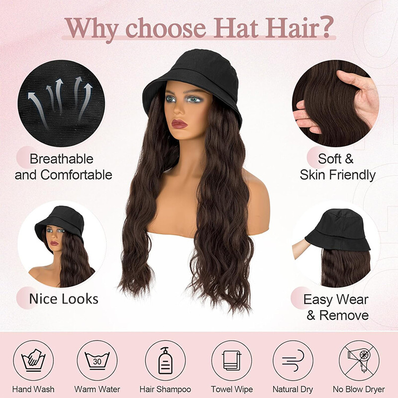 Baseball Hat Black White Red Cap with Hair Long Wavy Wigs Bucket Hat for Women
