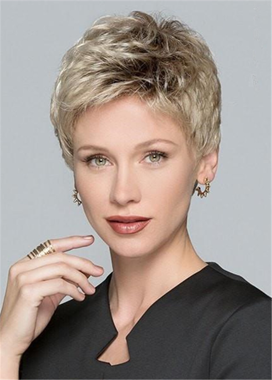 Natural Short Layered Human Hair Blend Heat Ok Blonde Wig For Women 6 Inches