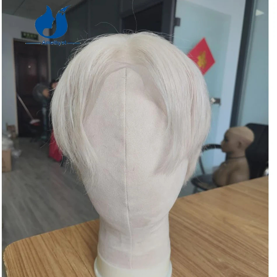 Pre Styled White Platinum Blonde Male Wig Human Hair Short Cut Full Lace Wig #60