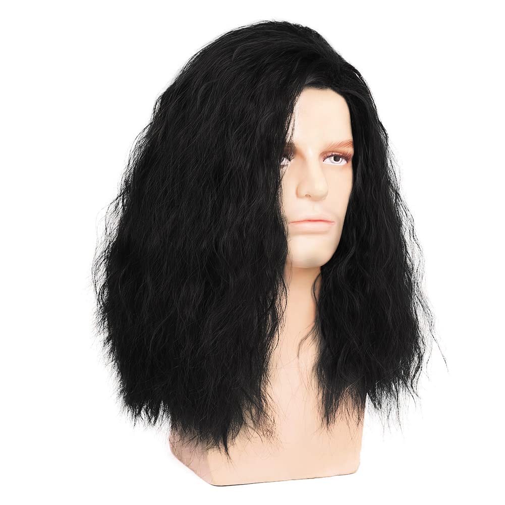 Mens Long Curly Black Wig Side Part Fuffy 80s Rocker Wig Synthetic Hair Hallo…