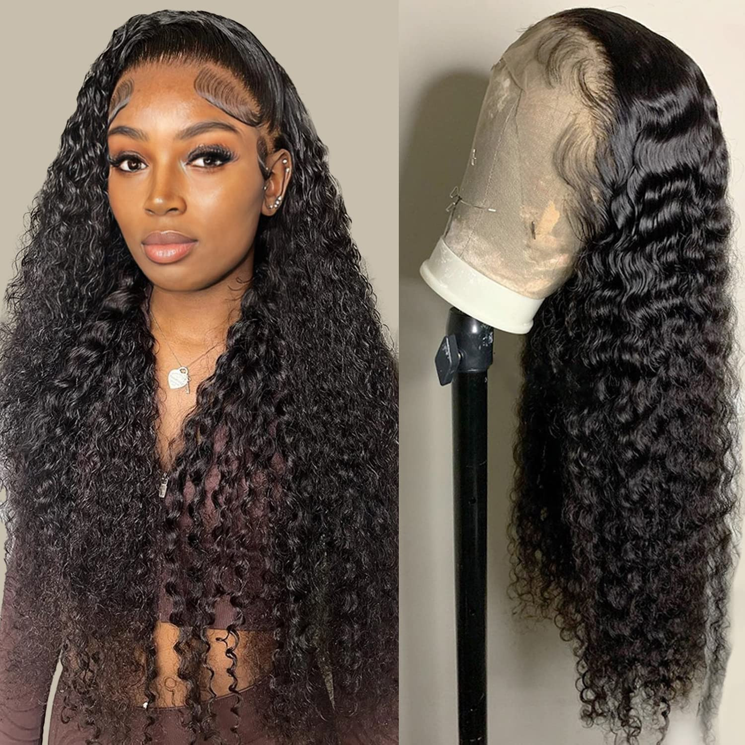 26 Inch Deep Wave Lace Front Wig – Human Hair, Pre Plucked, Glueless, 200 Densit